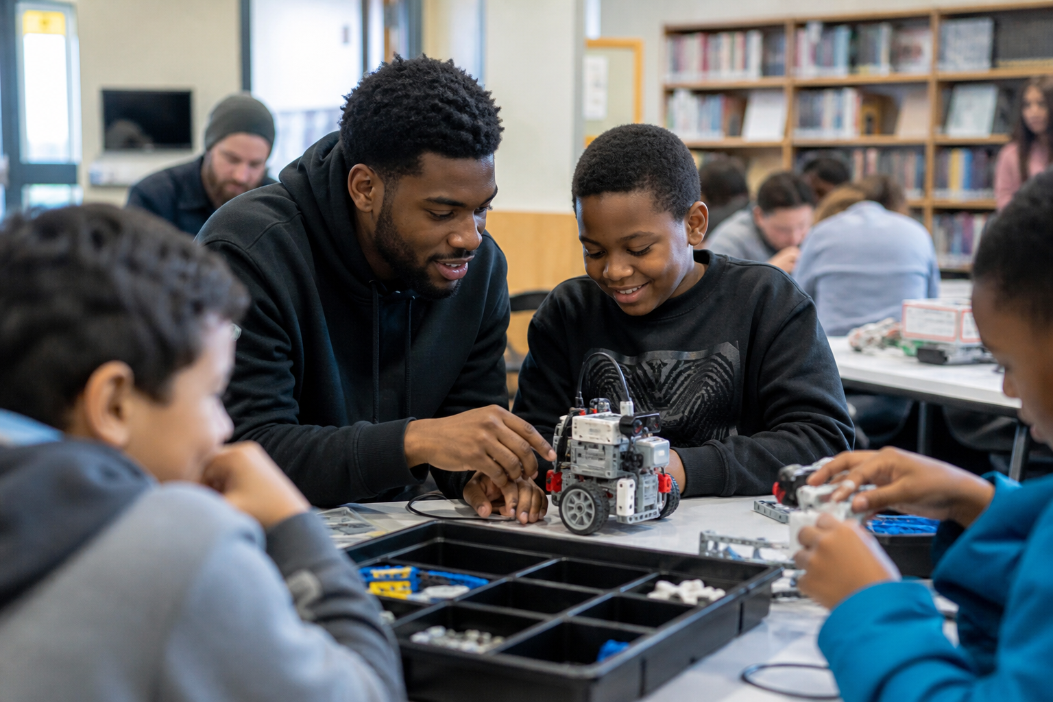 Mentors and youth building LEGO robots together